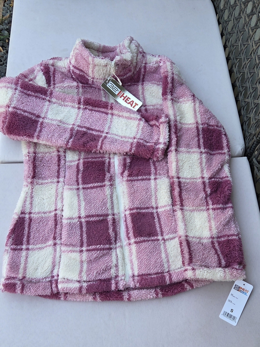 NWT 32 Degrees Heat Plaid Fleece Full Zip Jacket Pink Small